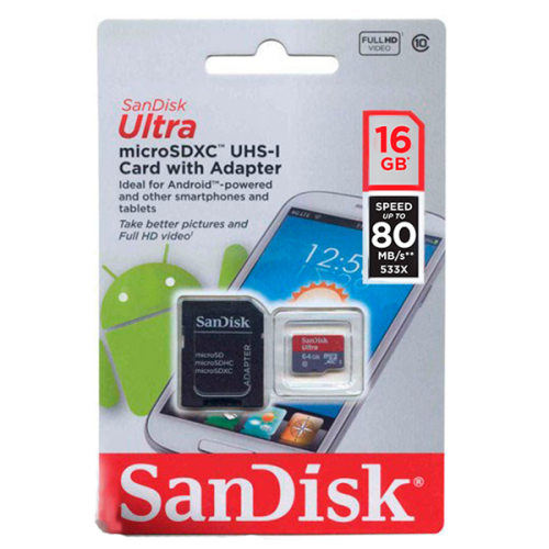 Карта памяти SanDisk MicroSD 16Gb Class 10 Ultra Android UHS-I (80 Mb/s) с SD адаптером