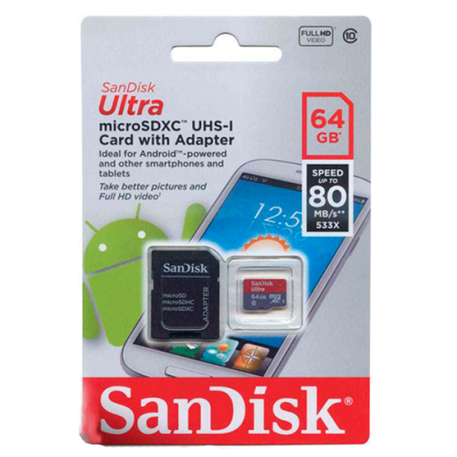Карта памяти SanDisk MicroSD 64Gb Class 10 Ultra Android UHS-I (80 Mb/s) с SD адаптером