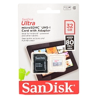 Карта памяти SanDisk MicroSD 32Gb Class 10 Ultra Android UHS-I (80 Mb/s) с SD адаптером 