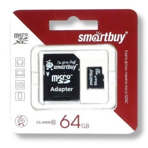 Карта памяти Smart Buy MicroSD 64Gb Class 10 с SD адаптером