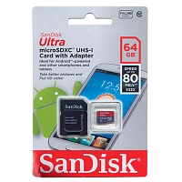 Карта памяти SanDisk MicroSD 64Gb Class 10 Ultra Android UHS-I (80 Mb/s) с SD адаптером 